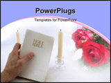 PowerPoint Template -  man hand holds up a white Holy Bible. Two taper candles burn in the background. Over a white backg