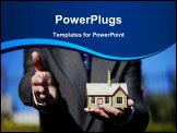 PowerPoint Template - A real estate agent in a park offering his handshake on the completion of the deal, in his other hand holding a model of the house you have just purchased.