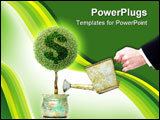 PowerPoint Template - businessman with metal water can watering a pot tree with us dollar symbol over white background