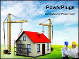 PowerPoint Template - 3d illustration of two cranes building house over white background