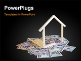 PowerPoint Template - imple wooden house symbol sitting on a pile of cash. Conceptual image for home loan construction lo