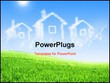 PowerPoint Template - House of clouds in the blue sky against a background of green grass.