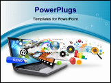 PowerPoint Template - An isolated laptop has many objects projecting out of the screen on a white background. Use it for an email download concept or internet research idea.