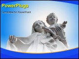 PowerPoint Template - Madonna and Jesus child - from below white statue of holy Virgin Mary mother of the child Jesus on background of blue sky