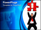 PowerPoint Template - Happy business man holding a red puzzle in his hands ,3d rendered image combined with photo
