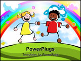 PowerPoint Template - wo kids (boy and girl of different ethnicities) holding hands and running together on a grassy hill