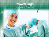 PowerPoint Template - A portrait of a medical assistant while an operation takes place in the background.