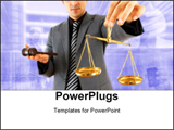 PowerPoint Template - Young businessman with a gavel and weight scale.