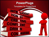 PowerPoint Template - hree dimensional render of a pile of books. The titles of these books are the character traits of g