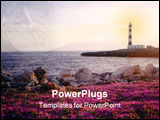 PowerPoint Template - Lighthouse with sea and flowers - focus is on lighthouse, warm sunlight