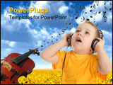 PowerPoint Template - Little boy listening to music. Isolated on white.