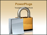 PowerPoint Template - d illustration of heavy brass padlock on a white floor/background with two blank white documents si