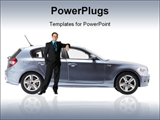 PowerPoint Template - Side view of a car. metallic paint texture on car not noise. no logo shown with business man
