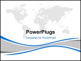 PowerPoint Template - Layout with abstract gray and blue curves/waves on white background with map of the world.