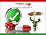 PowerPoint Template - d illustration of a metallic alarm clock standing behind three large red and white pills on a refle