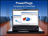 PowerPoint Template - meeting room in front focus placed on graph shiwing progress on laptop screen