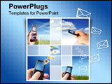 PowerPoint Template - Collage. Communication concept. Mobile phone in hand over sky.