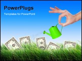 PowerPoint Template - Hand with a small watering can watering green grass and shrubs of dollar bills
