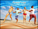 PowerPoint Template - Photo of happy friends running down sandy beach on background of cloudy sky