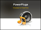PowerPoint Template - d illustration of a large metallic industrial speaker with an orange musical note sitting in front 