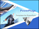 PowerPoint Template - ight blue and blue template with businessman walking through buildings. Ideal for presentations on 