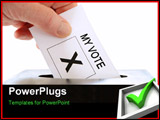 PowerPoint Template - A hand placing a voting slip into a ballot box over a white background