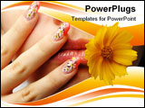PowerPoint Template - Female face close up c flower in a mouth and nail art. Figure of camomiles on nails