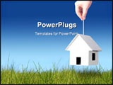 PowerPoint Template - New white house in hand. blue sky and green grass on the background.