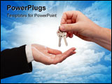 PowerPoint Template - Male Hand Handing Keys to Female Hand Over Dramatic Clouds and Sun Rays.