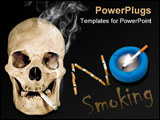 PowerPoint Template - Human skull with cigarette isolated on a black background.