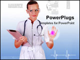 PowerPoint Template - oung nurse in white uniform transparent glasses and a stethoscope clicks on virtual buttons. Collag