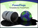 PowerPoint Template - Oil drum / barrel and Earth in an oil spill puddle; 3D render illustration.