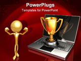 PowerPoint Template - d illustration of a bright gold metallic trophy sitting on top of an open laptop computer on a dark