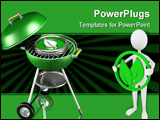 PowerPoint Template - d illustration of a metallic green tree leaf symbol sitting on a green outdoor barbecue grill on a 