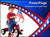 PowerPoint Template -  two-year-old waving an American flag while riding a trike and wearing a stars-and-stripes baseball