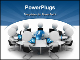 PowerPoint Template - 3d white people seated on chair and connected with computer around a blue world behind a round table, isolated white background, 3d image
