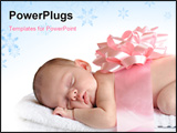 PowerPoint Template - A sleeping newborn wrapped in a broad pink ribbon and a bow. Isolated on white.