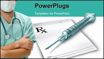 PowerPoint Template - Prescription drugs with a syringe symbol representing medical prescribed drugs administered by a nurse or doctor at a hospital using a hypodermic needle.
