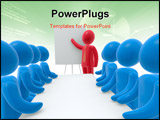 PowerPoint Template - ed person pointing hand at board. Group of blue persons sitting behind desk. Concept of presentatio