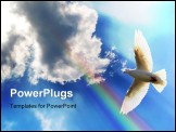 PowerPoint Template - A dove soaring in the blue sky and clouds with a rainbow shining through.