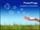 PowerPoint Template - game. Puzzle and hand over blue sky background.