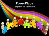 PowerPoint Template - Eight puppets holding in hands a puzzle of different color. Objects over white
