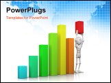 PowerPoint Template - 3d character stands in a bar chart and raises the last bar above all others - 3d illustration/render