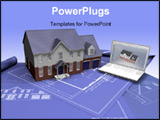 PowerPoint Template - 3D render of a house on blueprints with laptop