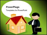 PowerPoint Template - Graphic real estate agent stands with little home.