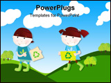 PowerPoint Template - Recycle and save trees! Vector Illustration of school girl and boy with recycle signs.