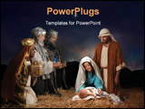 PowerPoint Template - Christmas nativity scene with three Wise Men presenting gifts to baby Jesus Mary & Joseph