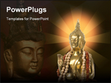 PowerPoint Template - Detail of a golden Buddha statue with necklace. Headshot with hands.