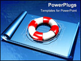 PowerPoint Template - d illustration of a large red and white lifesaver sitting on top of a set of unrolled blueprints on