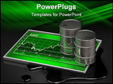 PowerPoint Template - d illustration of two large oil barrels sitting on top of a bright green stock chart floating in a 